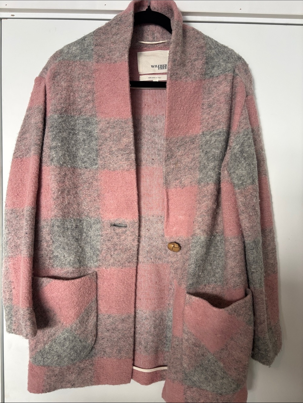 Wilfred Pink and Gray Plaid Open-Front Jacket wool/cotton
